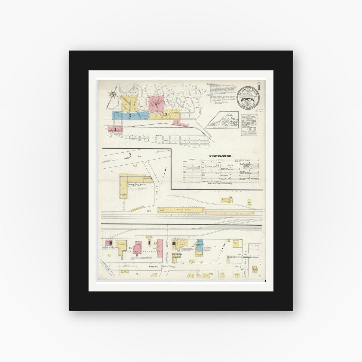 Old map wall art mockup — black gallery frame with white mat — Sanborn Fire Insurance Map from Norton, Independent Cities, Virginia (1913), Sheet #0001