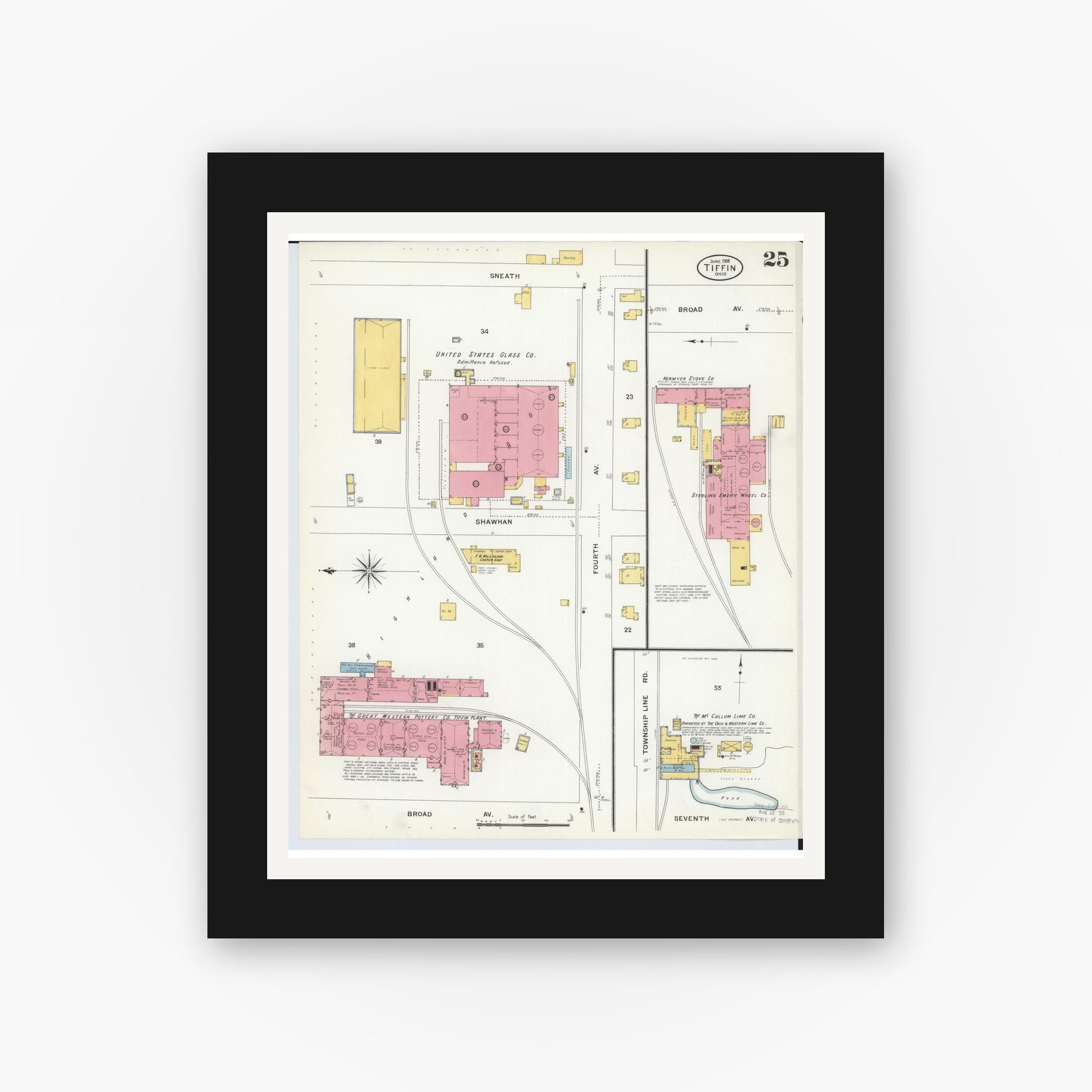 Old map wall art mockup — black gallery frame with white mat — Sanborn Fire Insurance Map from Tiffin, Seneca County, Ohio (1908), Sheet #0025