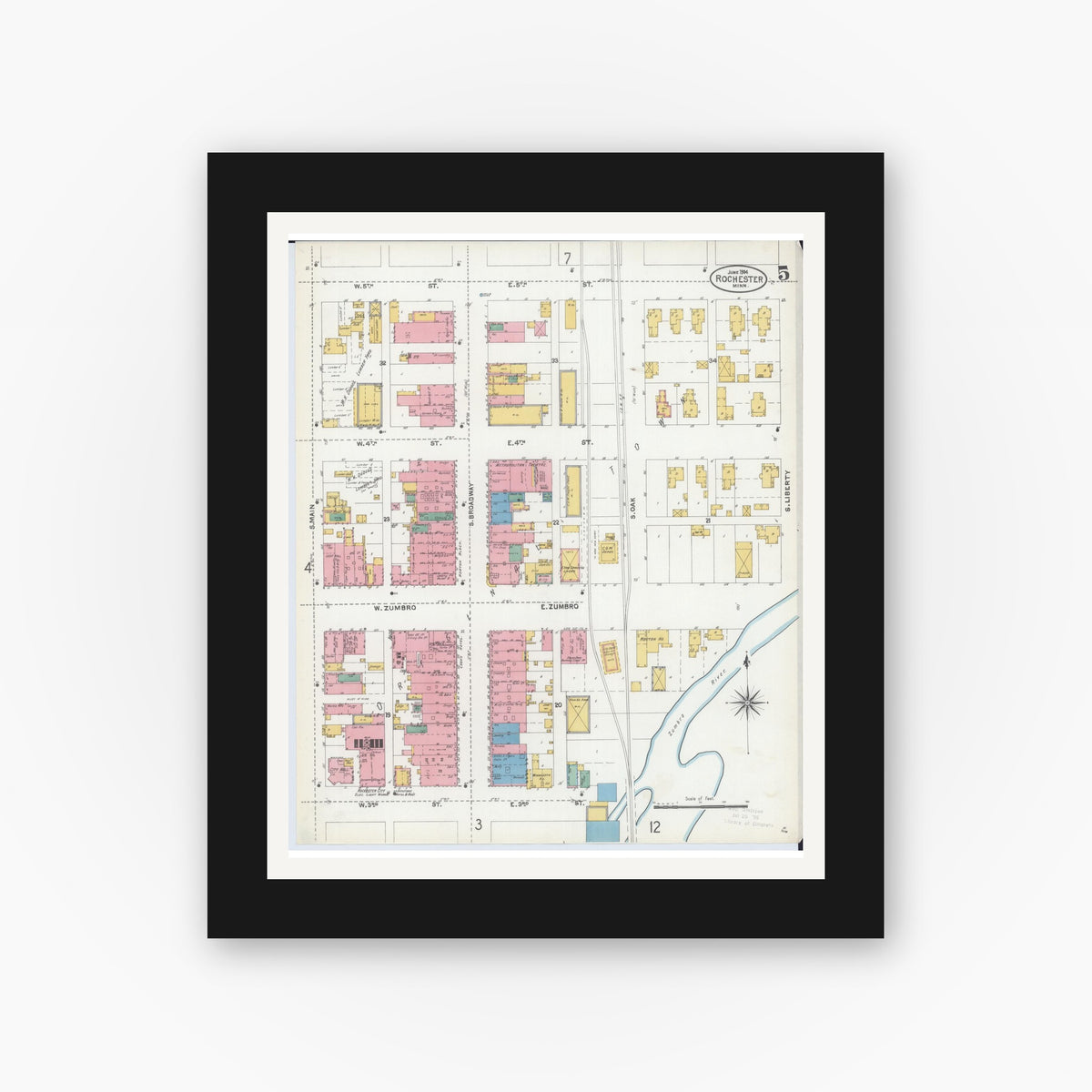 Old map wall art mockup — black gallery frame with white mat — Sanborn Fire Insurance Map from Rochester, Olmsted County, Minnesota (1904), Sheet #0005