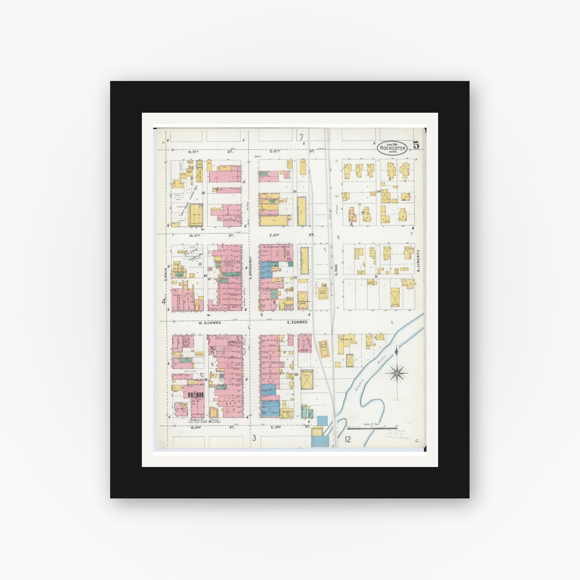 Old map wall art mockup — black gallery frame with white mat — Sanborn Fire Insurance Map from Rochester, Olmsted County, Minnesota (1904), Sheet #0005