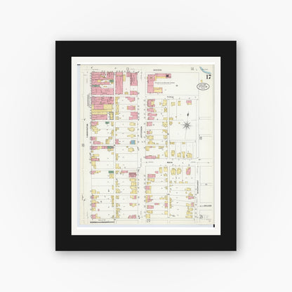 Old map wall art mockup — black gallery frame with white mat — Sanborn Fire Insurance Map from Tiffin, Seneca County, Ohio (1908), Sheet #0017