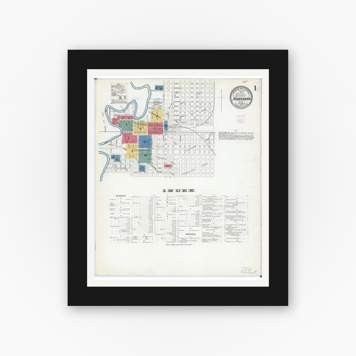 Old map wall art mockup — black gallery frame with white mat — Sanborn Fire Insurance Map from Moorhead, Clay County, Minnesota (1906) - Complete Map Set