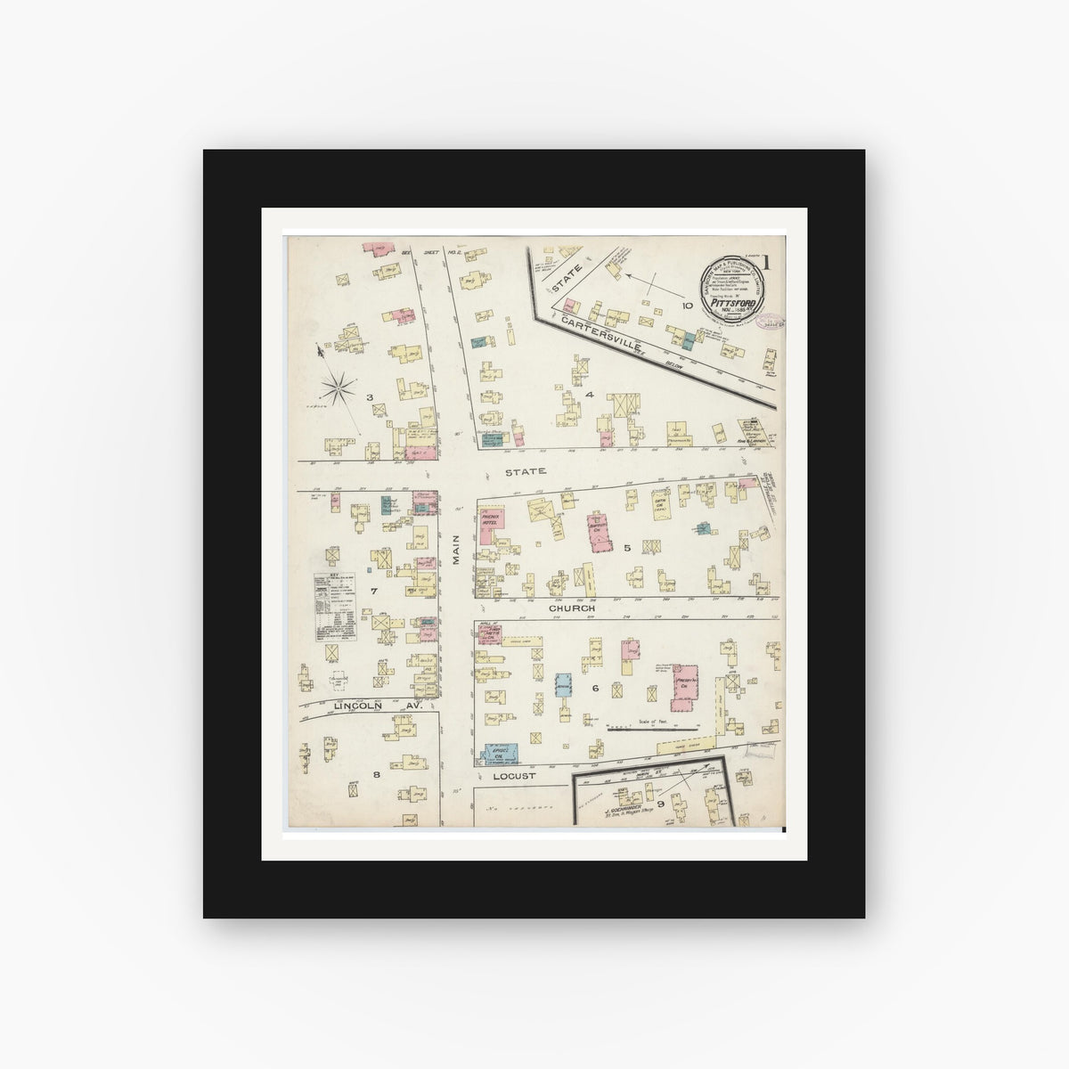 Old map wall art mockup — black gallery frame with white mat — Sanborn Fire Insurance Map from Pittsford, Monroe County, New York (1885), Sheet #0001