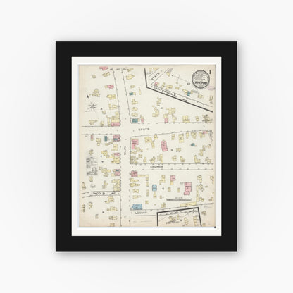 Old map wall art mockup — black gallery frame with white mat — Sanborn Fire Insurance Map from Pittsford, Monroe County, New York (1885), Sheet #0001