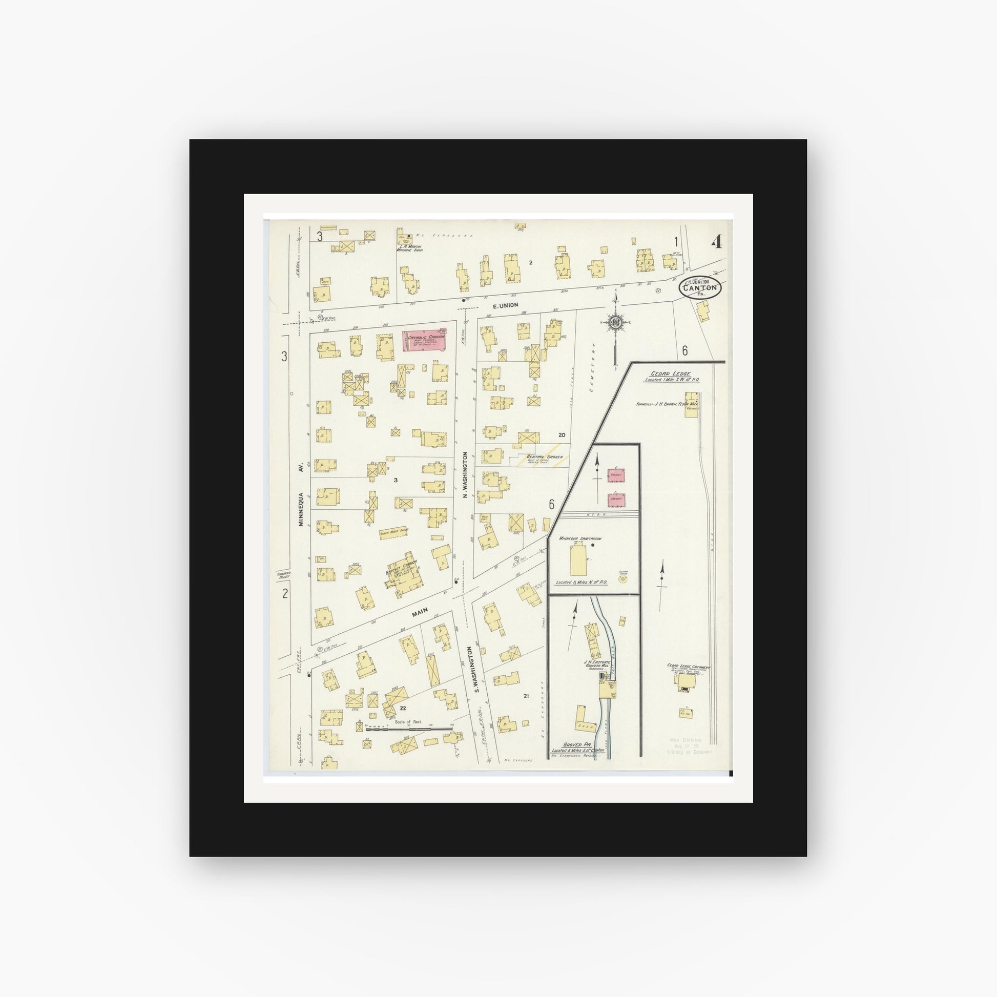 Old map wall art mockup — black gallery frame with white mat — Sanborn Fire Insurance Map from Canton, Bradford County, Pennsylvania (1911), Sheet #0004