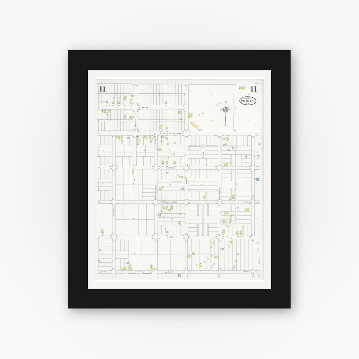 Old map wall art mockup — black gallery frame with white mat — Sanborn Fire Insurance Map from Palmetto, Manatee County, Florida (1930), Sheet #0011
