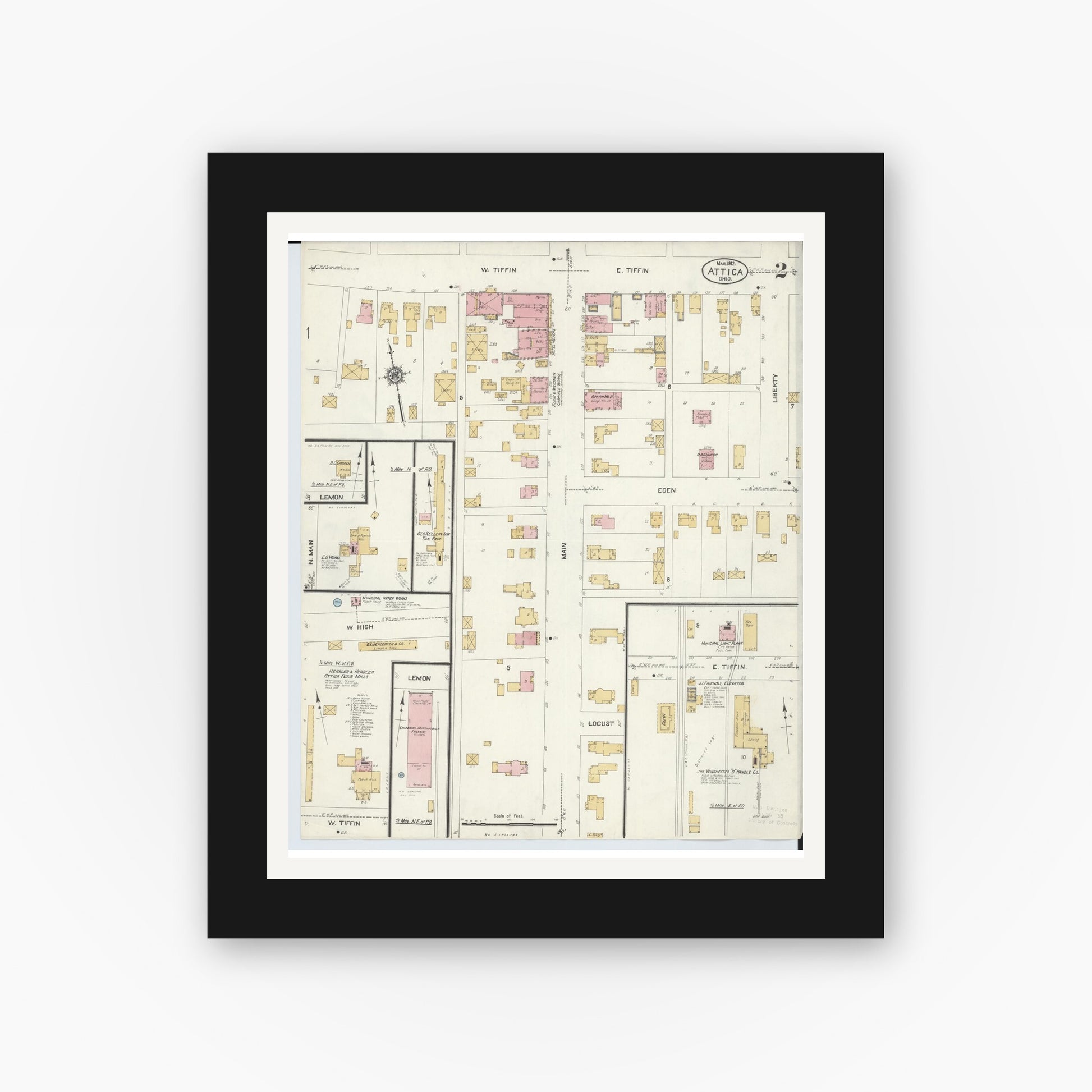 Old map wall art mockup — black gallery frame with white mat — Sanborn Fire Insurance Map from Attica, Seneca County, Ohio (1912), Sheet #0002