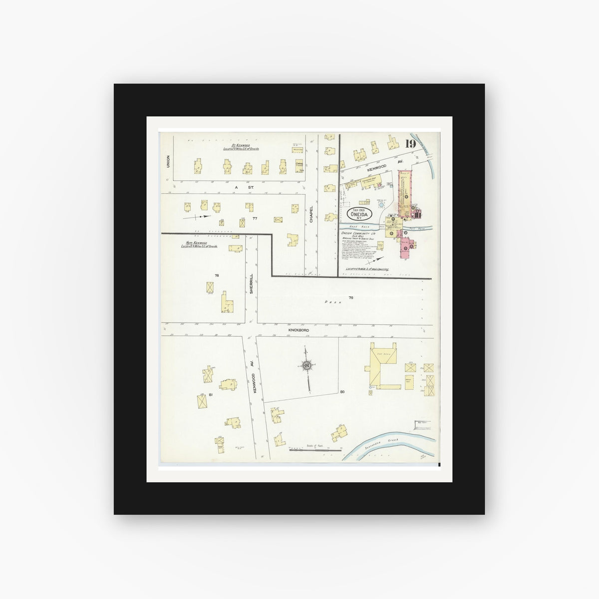 Old map wall art mockup — black gallery frame with white mat — Sanborn Fire Insurance Map from Oneida, Madison County, New York (1909), Sheet #0019