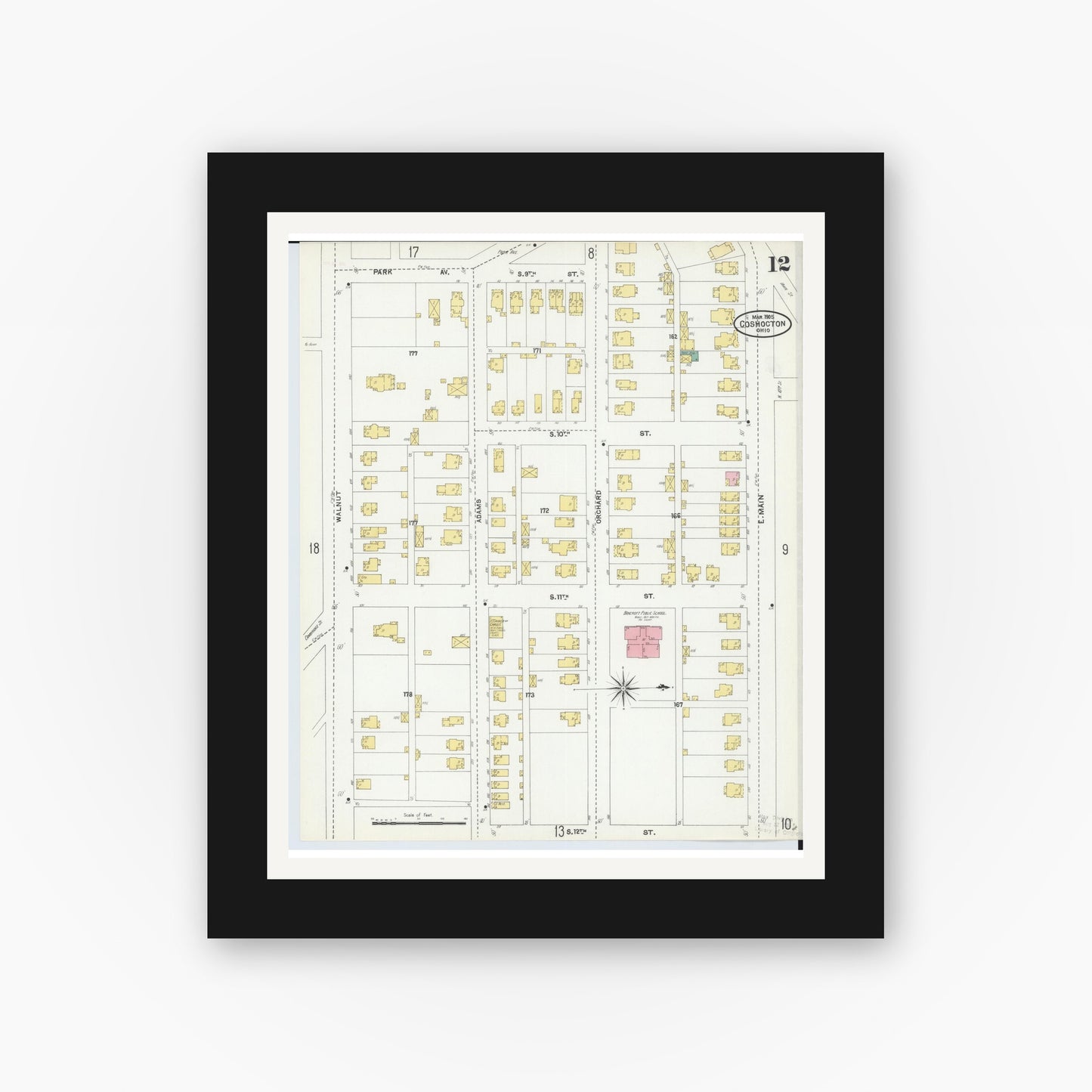 Old map wall art mockup — black gallery frame with white mat — Sanborn Fire Insurance Map from Coshocton, Coshocton County, Ohio (1905), Sheet #0012