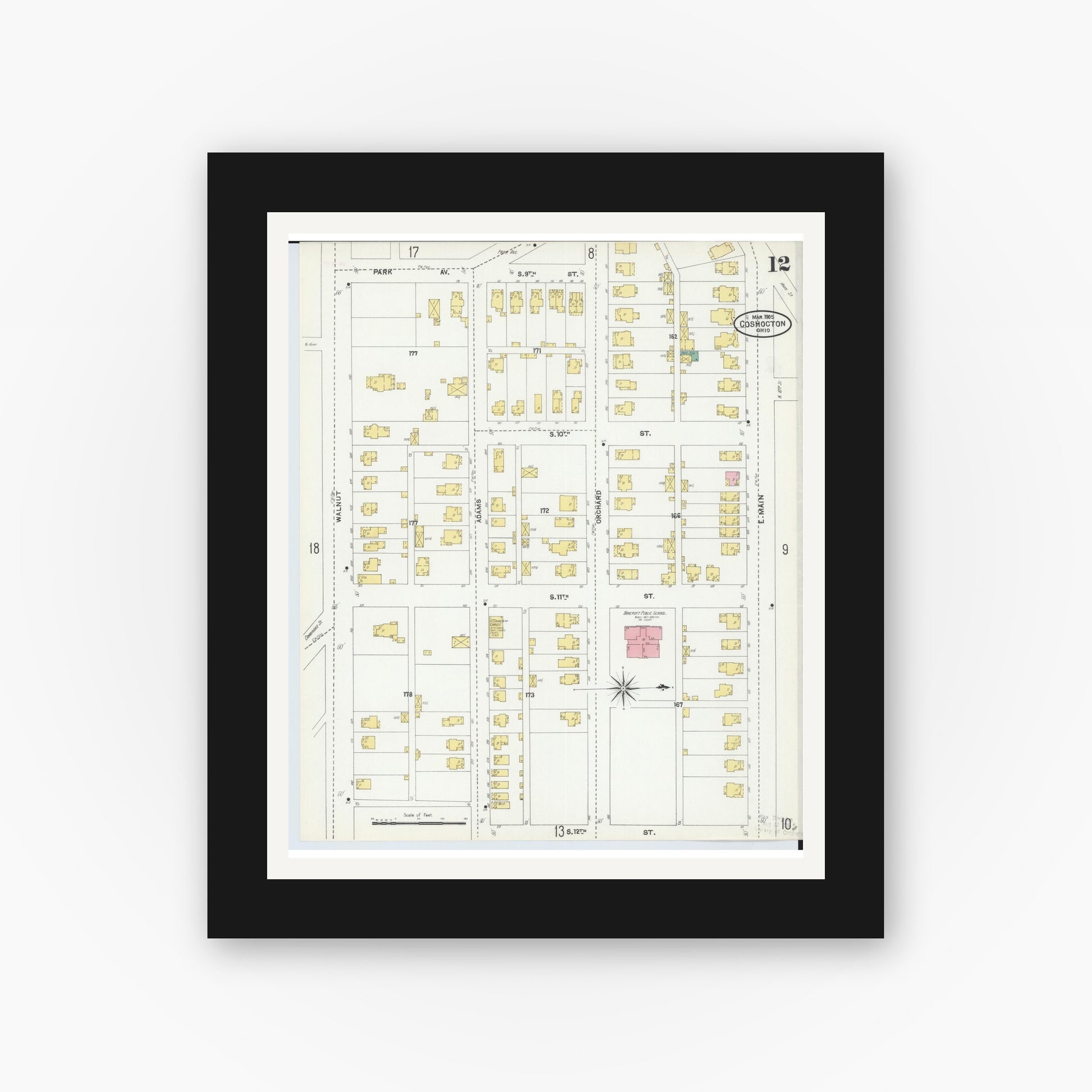 Old map wall art mockup — black gallery frame with white mat — Sanborn Fire Insurance Map from Coshocton, Coshocton County, Ohio (1905), Sheet #0012