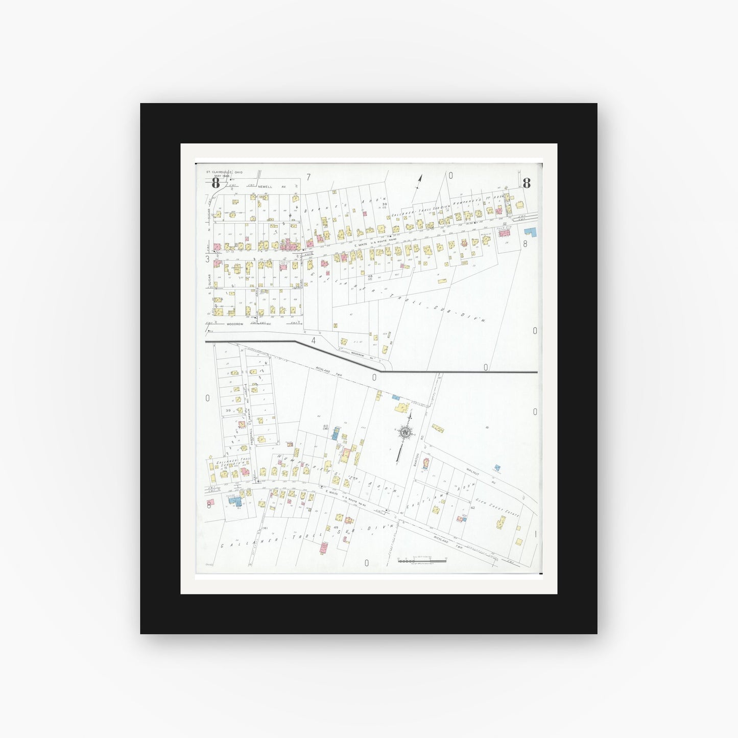 Old map wall art mockup — black gallery frame with white mat — Sanborn Fire Insurance Map from Saint Clairsville, Belmont County, Ohio (1946), Sheet #0008