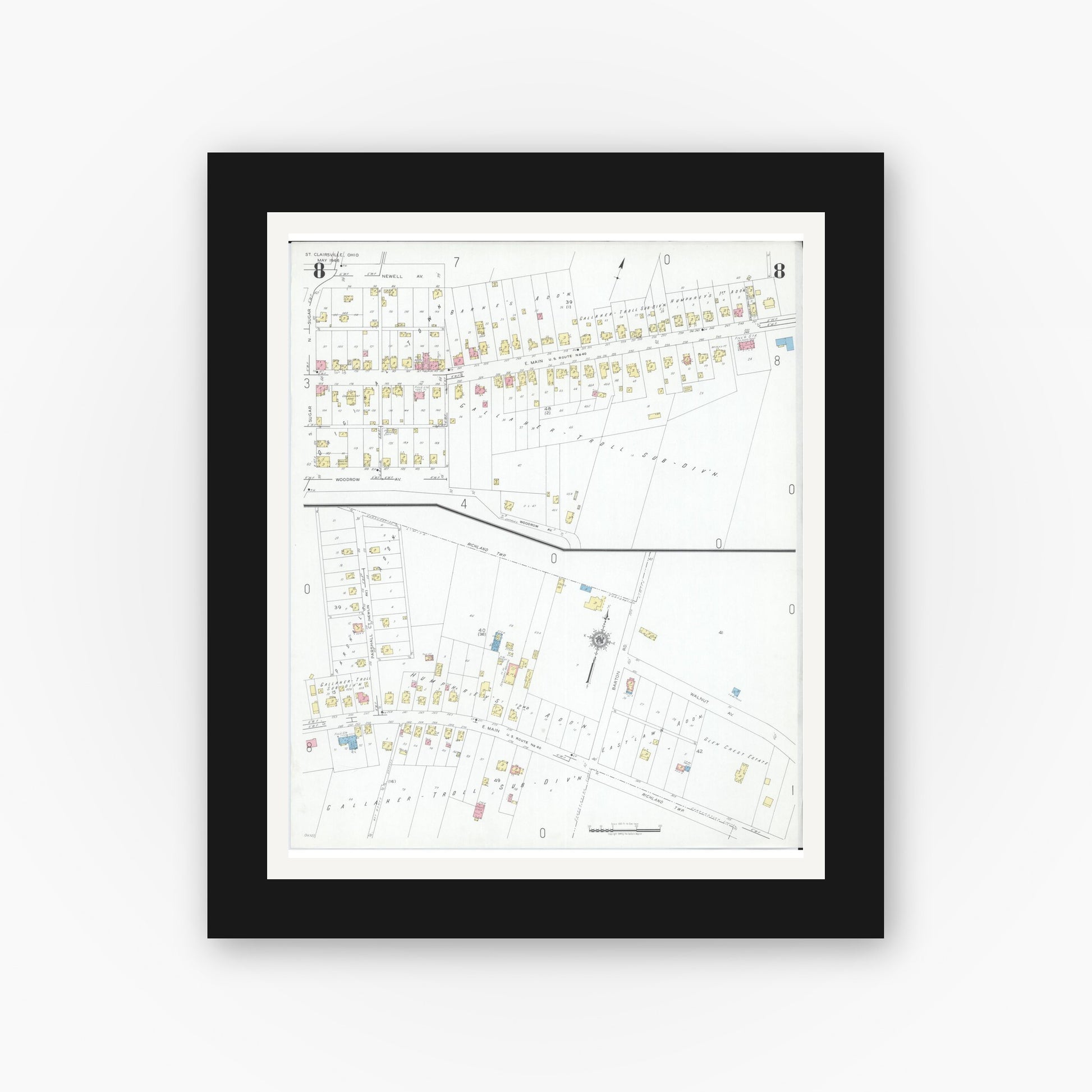 Old map wall art mockup — black gallery frame with white mat — Sanborn Fire Insurance Map from Saint Clairsville, Belmont County, Ohio (1946), Sheet #0008