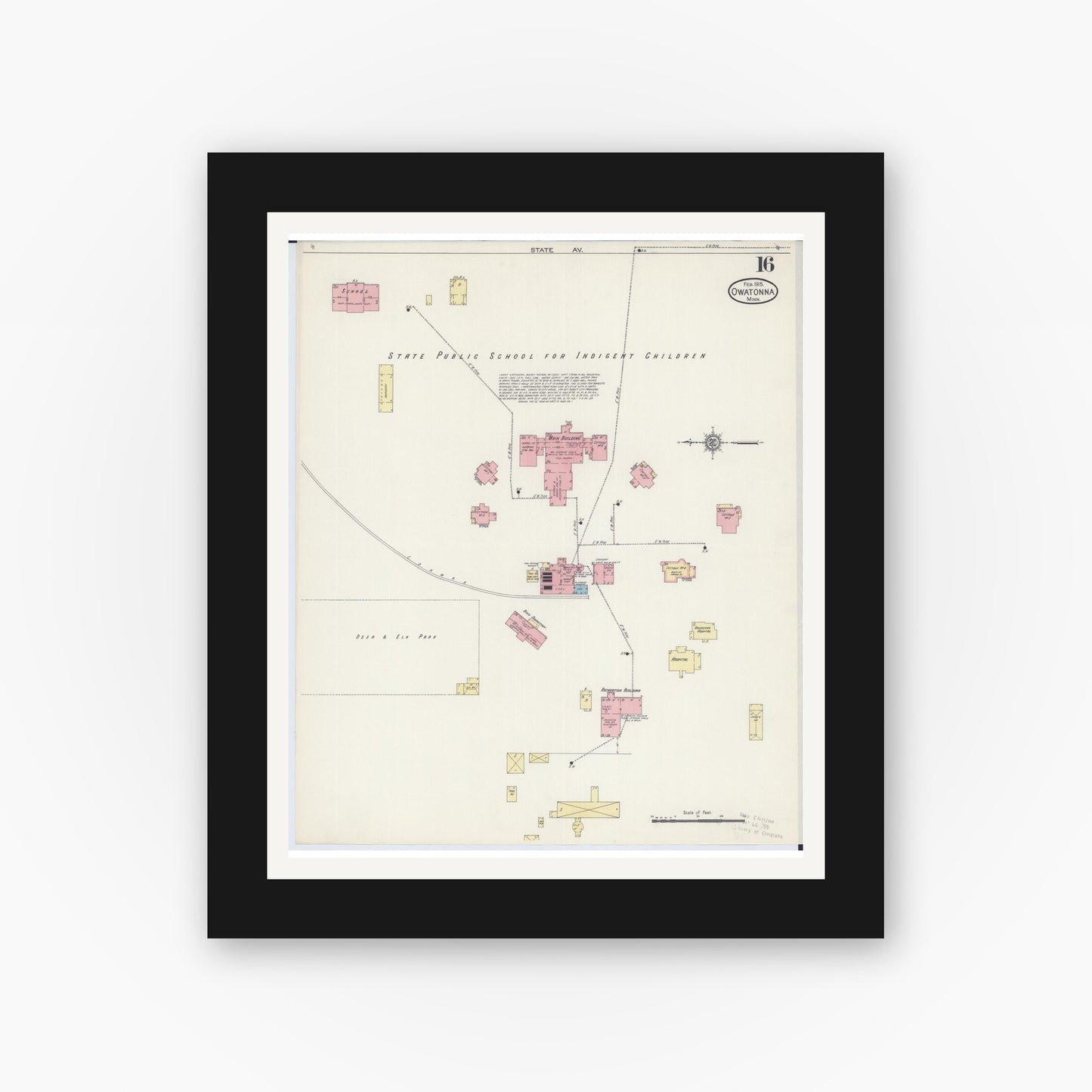Old map wall art mockup — black gallery frame with white mat — Sanborn Fire Insurance Map from Owatonna, Steele County, Minnesota (1915), Sheet #0016