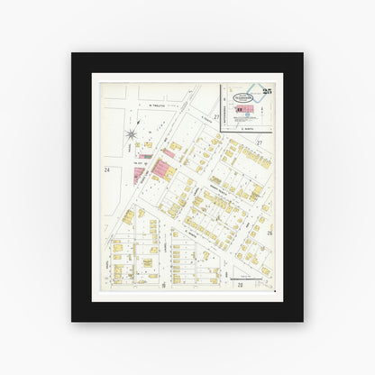Old map wall art mockup — black gallery frame with white mat — Sanborn Fire Insurance Map from Texarkana, Bowie County, Texas (1909), Sheet #0025