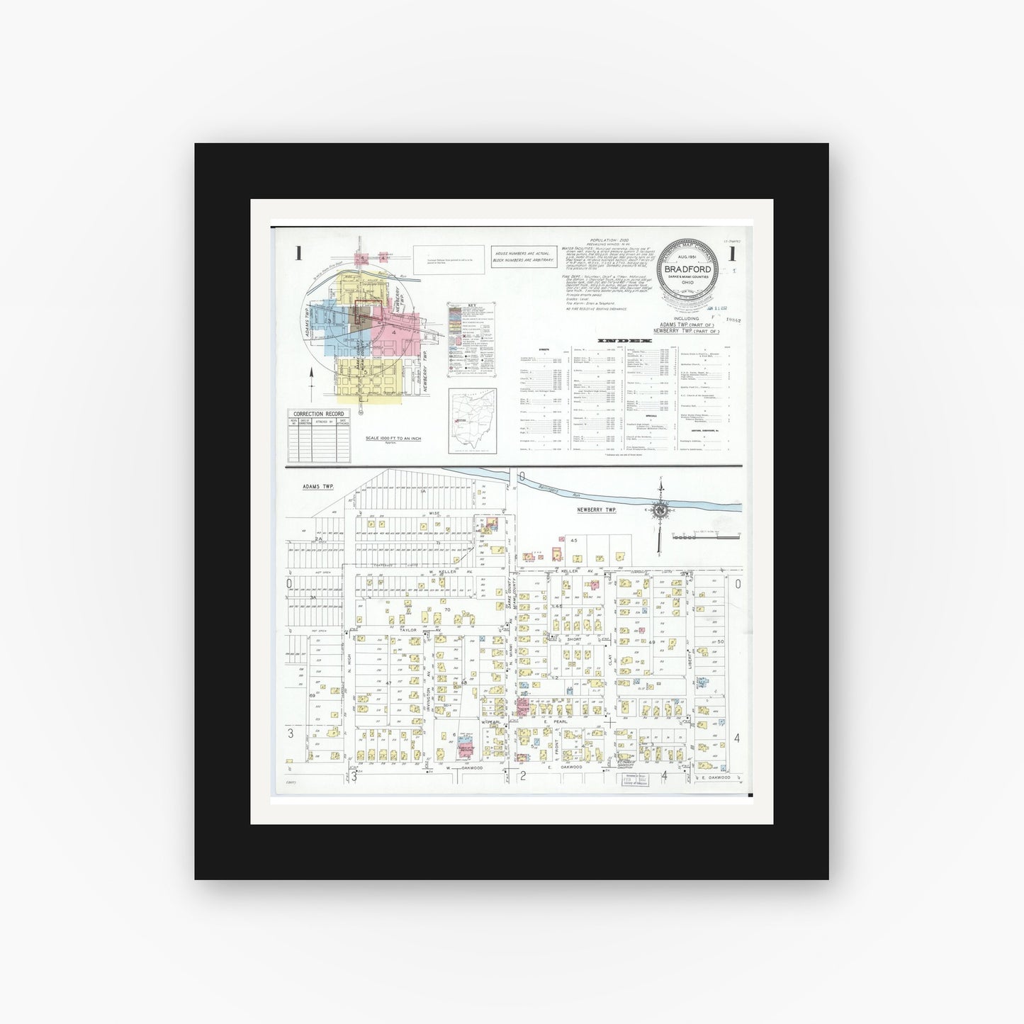 Old map wall art mockup — black gallery frame with white mat — Sanborn Fire Insurance Map from Bradford, Darke and Miami Counties, Ohio (1951), Sheet #0001