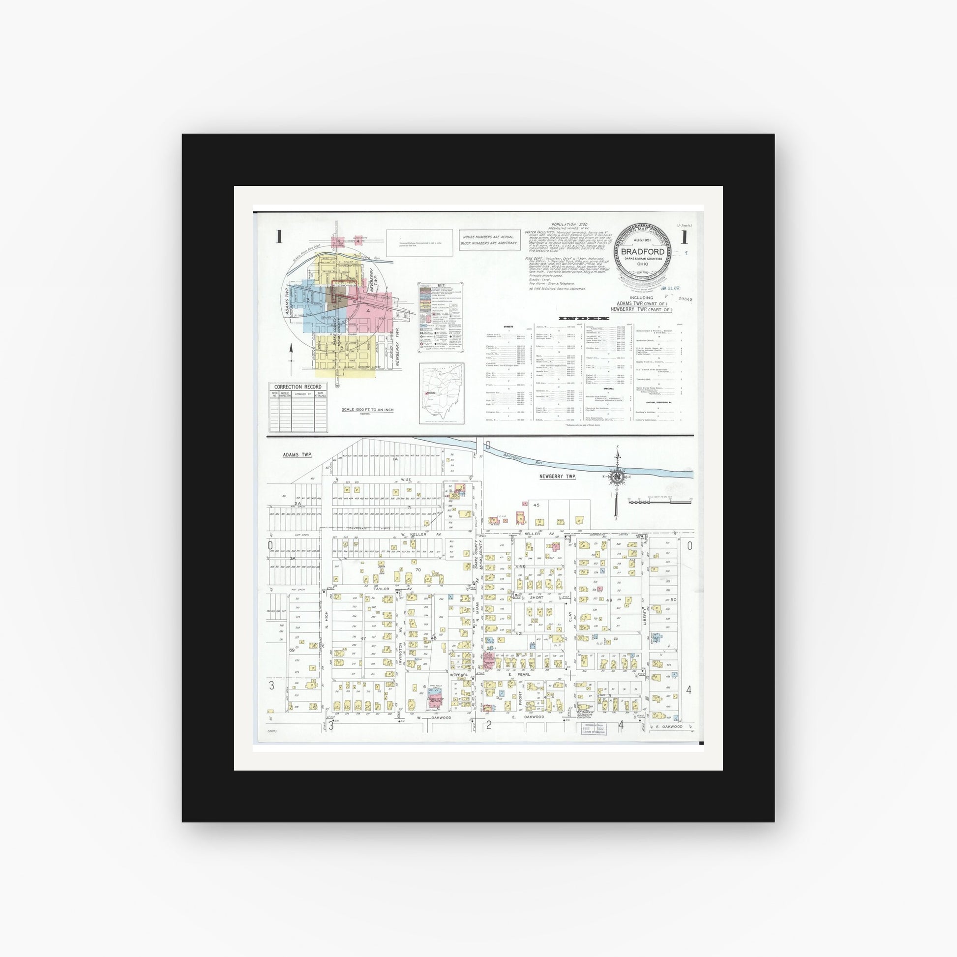 Old map wall art mockup — black gallery frame with white mat — Sanborn Fire Insurance Map from Bradford, Darke and Miami Counties, Ohio (1951), Sheet #0001