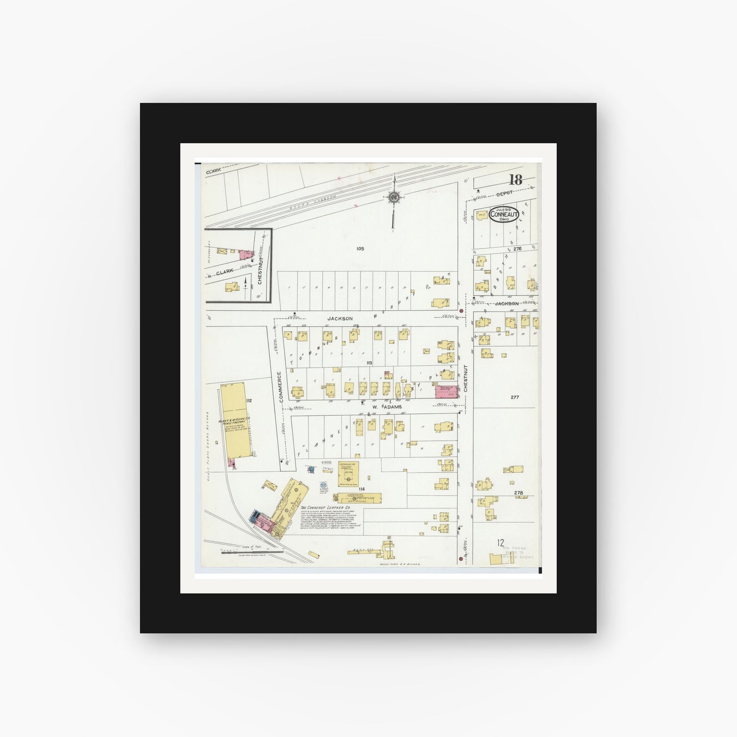 Old map wall art mockup — black gallery frame with white mat — Sanborn Fire Insurance Map from Conneaut, Ashtabula County, Ohio (1919), Sheet #0018