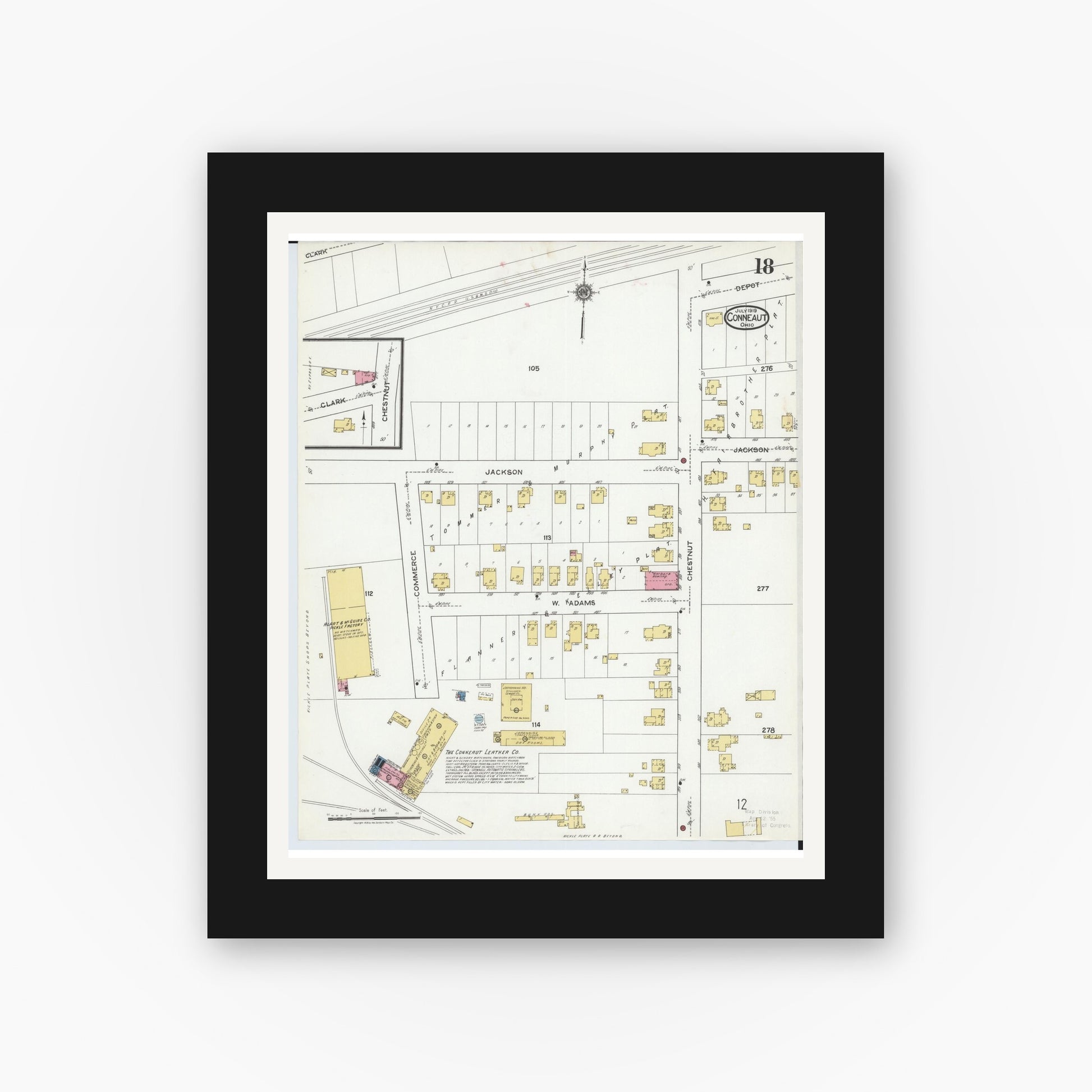 Old map wall art mockup — black gallery frame with white mat — Sanborn Fire Insurance Map from Conneaut, Ashtabula County, Ohio (1919), Sheet #0018