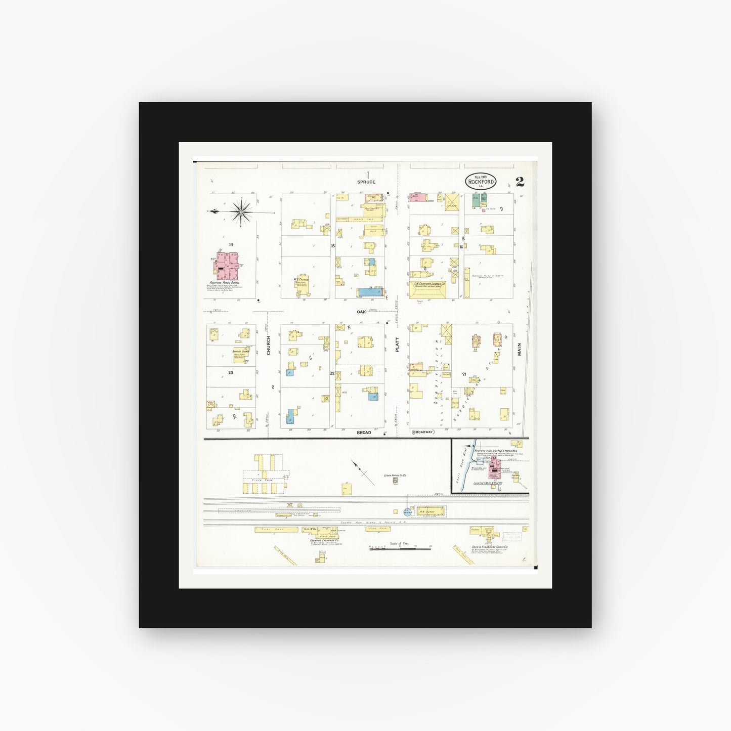 Old map wall art mockup — black gallery frame with white mat — Sanborn Fire Insurance Map from Rockford, Floyd County, Iowa (1909), Sheet #0002