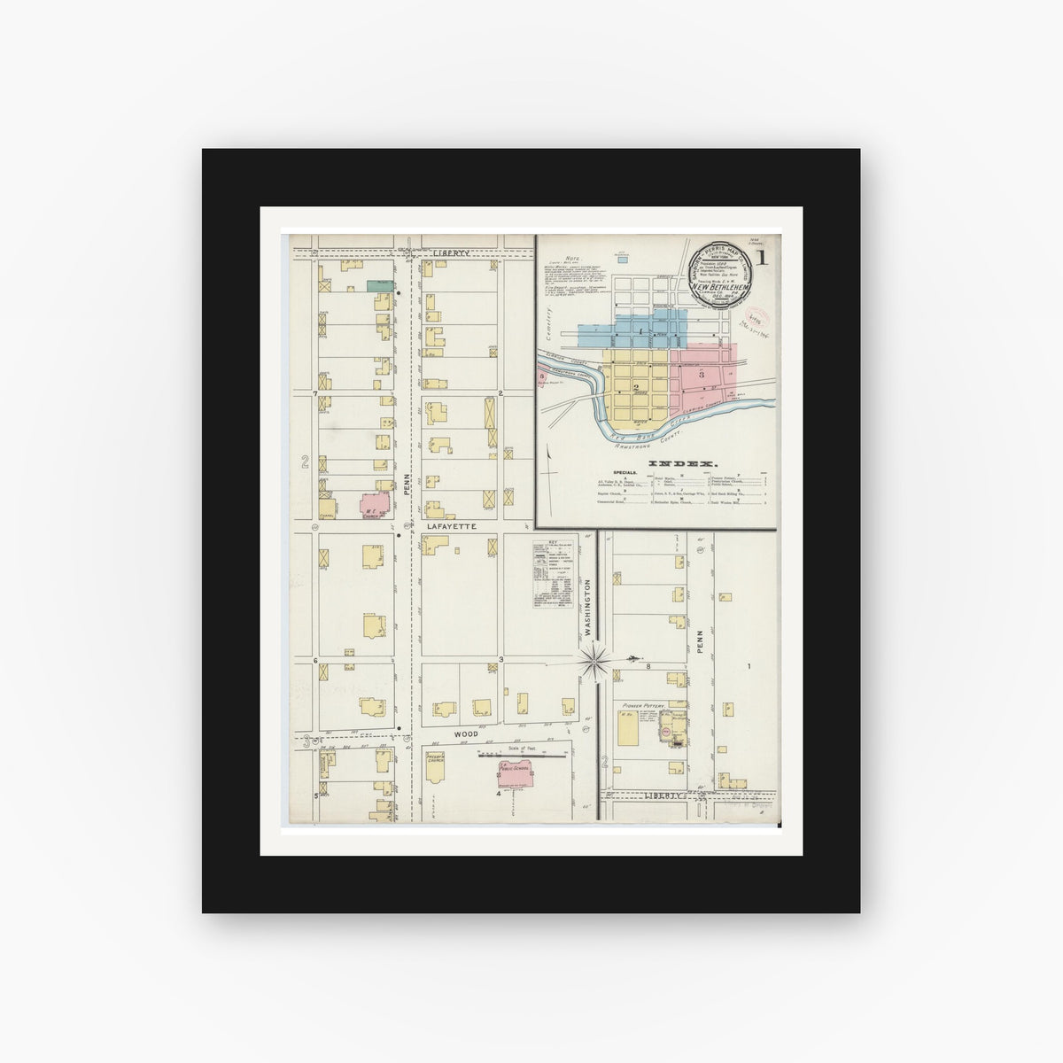Old map wall art mockup — black gallery frame with white mat — Sanborn Fire Insurance Map from New Bethlehem, Clarion County, Pennsylvania (1894) - Complete Map Set