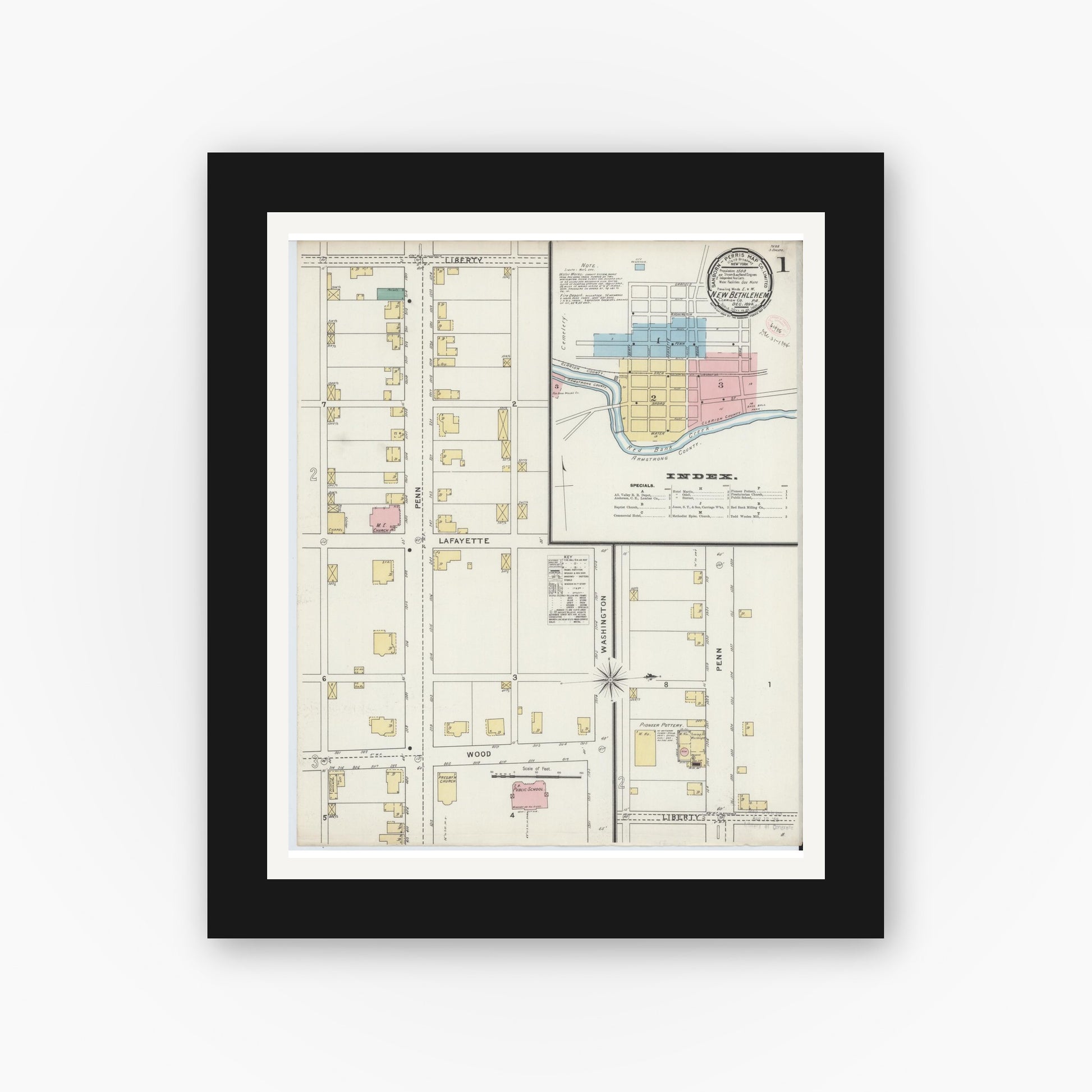 Old map wall art mockup — black gallery frame with white mat — Sanborn Fire Insurance Map from New Bethlehem, Clarion County, Pennsylvania (1894) - Complete Map Set