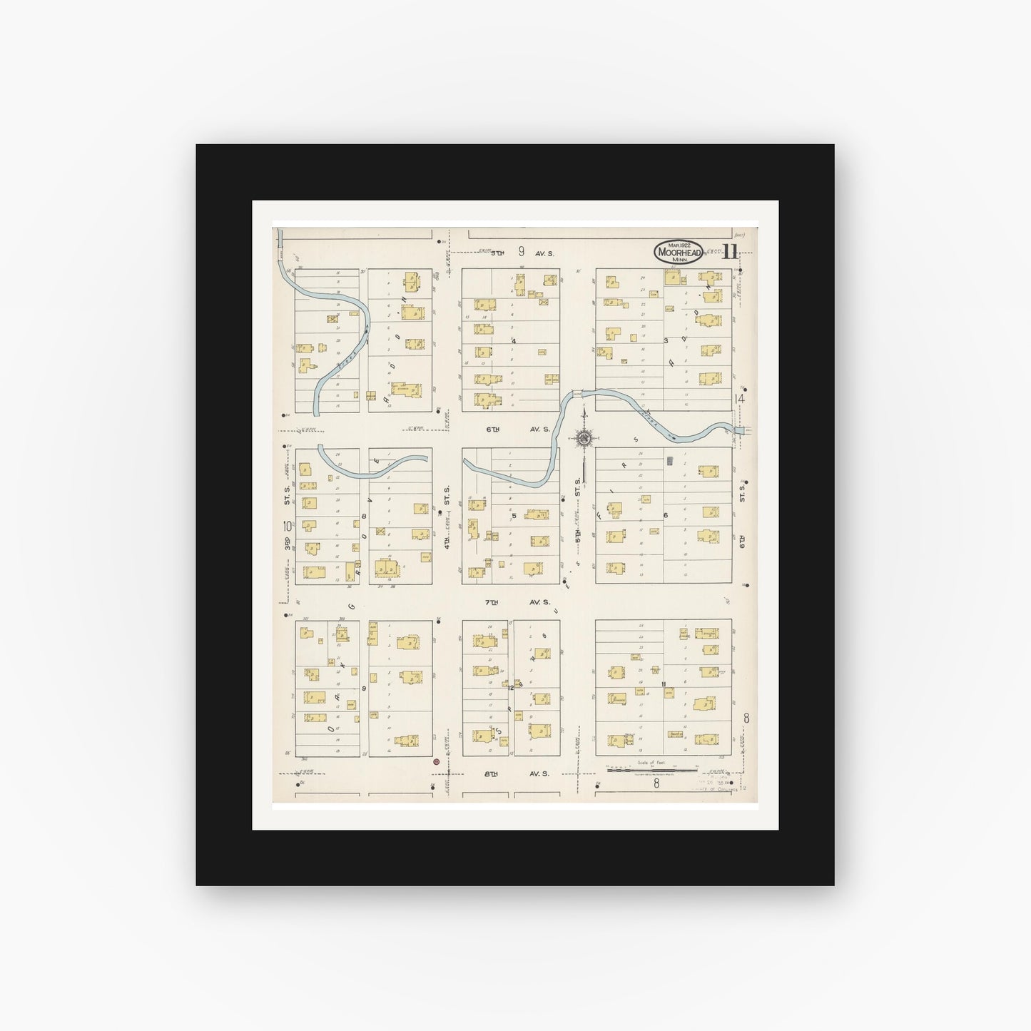 Old map wall art mockup — black gallery frame with white mat — Sanborn Fire Insurance Map from Moorhead, Clay County, Minnesota (1922), Sheet #0011