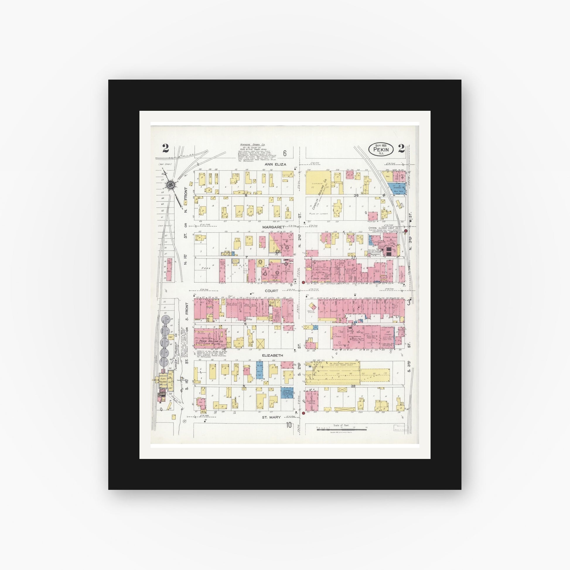 Old map wall art mockup — black gallery frame with white mat — Sanborn Fire Insurance Map from Pekin, Tazewell County, Illinois (1925), Sheet #0002