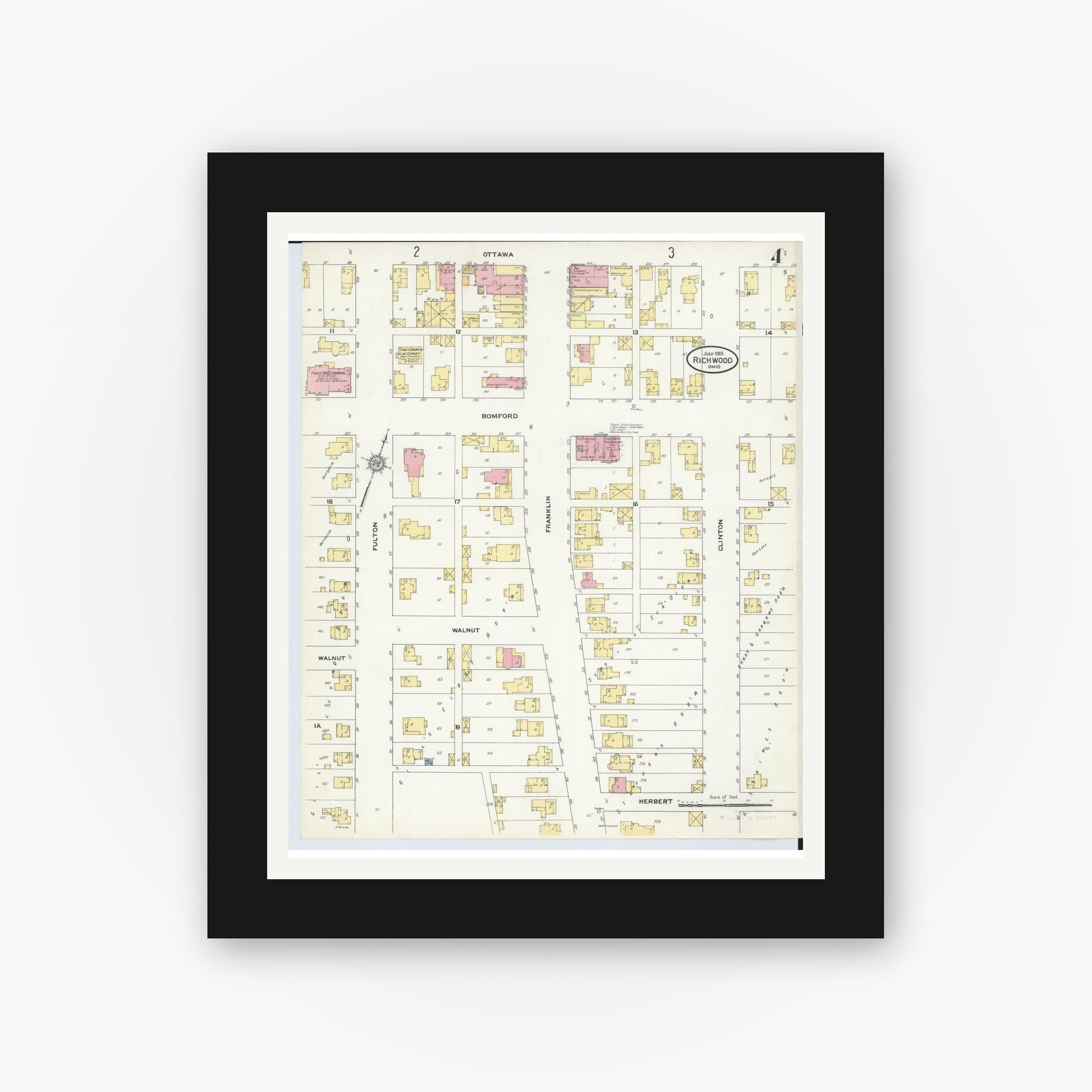 Old map wall art mockup — black gallery frame with white mat — Sanborn Fire Insurance Map from Richwood, Union County, Ohio (1910), Sheet #0004