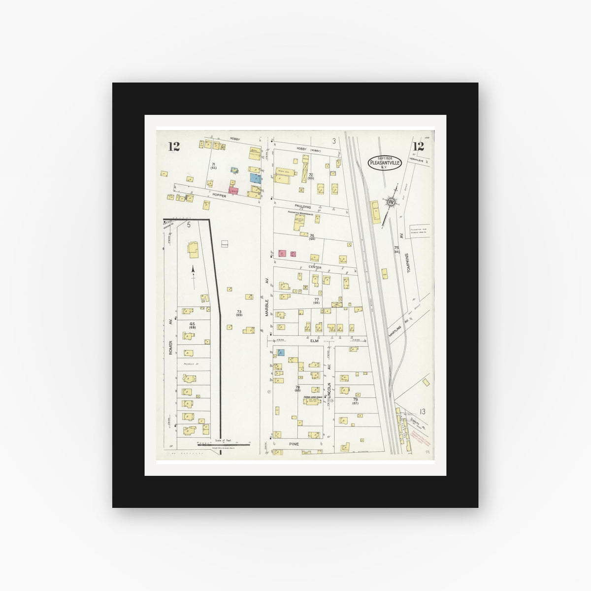 Old map wall art mockup — black gallery frame with white mat — Sanborn Fire Insurance Map from Pleasantville, Westchester County, New York (1924), Sheet #0012
