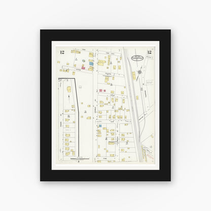 Old map wall art mockup — black gallery frame with white mat — Sanborn Fire Insurance Map from Pleasantville, Westchester County, New York (1924), Sheet #0012