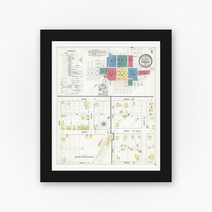 Old map wall art mockup — black gallery frame with white mat — Sanborn Fire Insurance Map from Rosebud, Falls County, Texas (1909), Sheet #0001