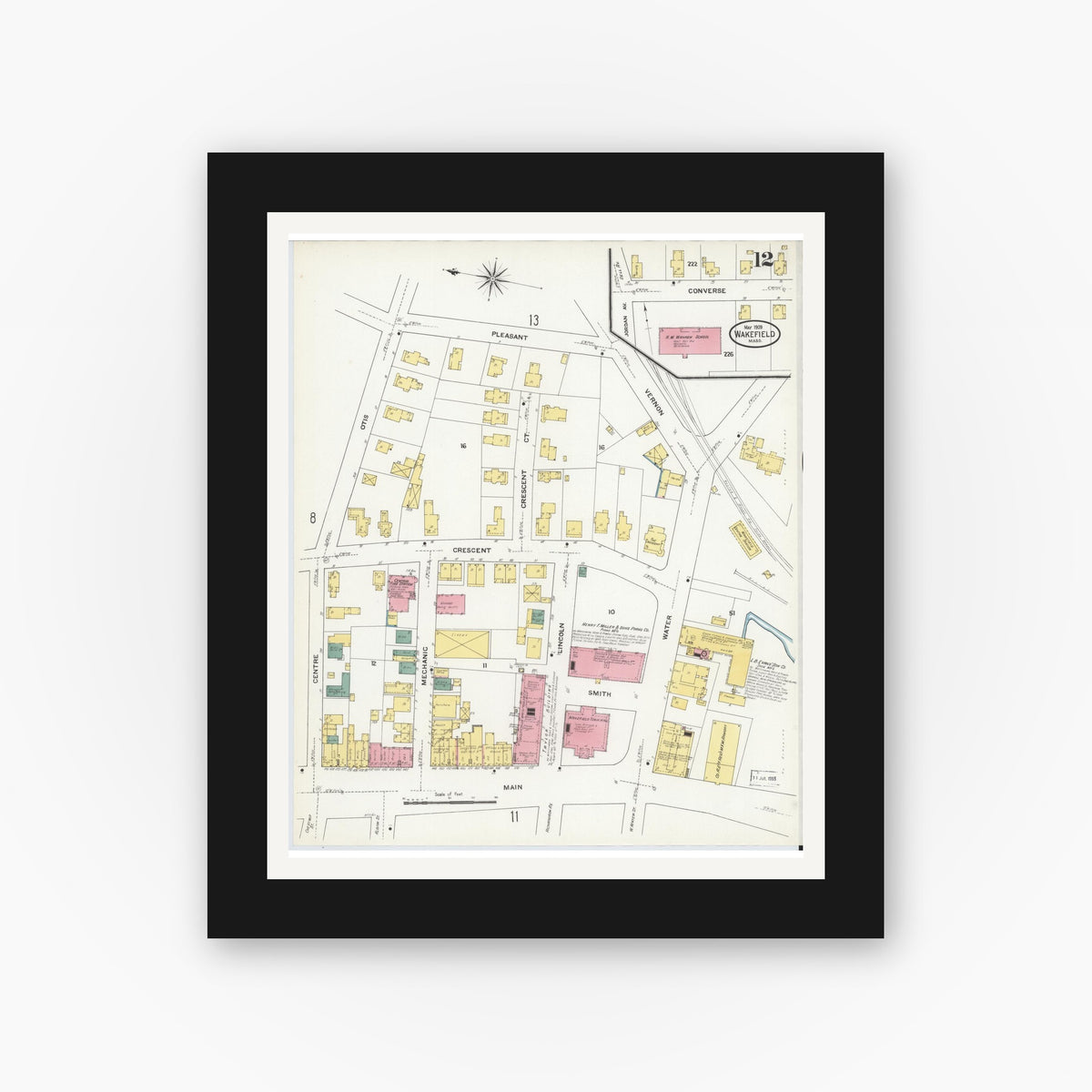 Old map wall art mockup — black gallery frame with white mat — Sanborn Fire Insurance Map from Wakefield, Middlesex County, Massachusetts (1909), Sheet #0012