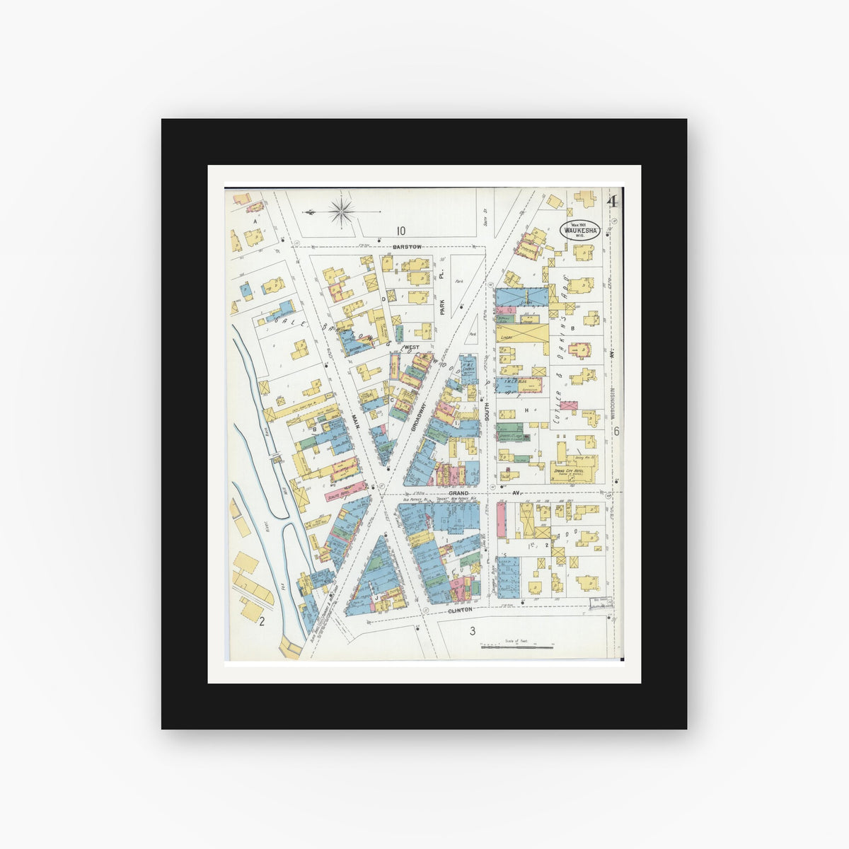 Old map wall art mockup — black gallery frame with white mat — Sanborn Fire Insurance Map from Waukesha, Waukesha County, Wisconsin (1901), Sheet #0004