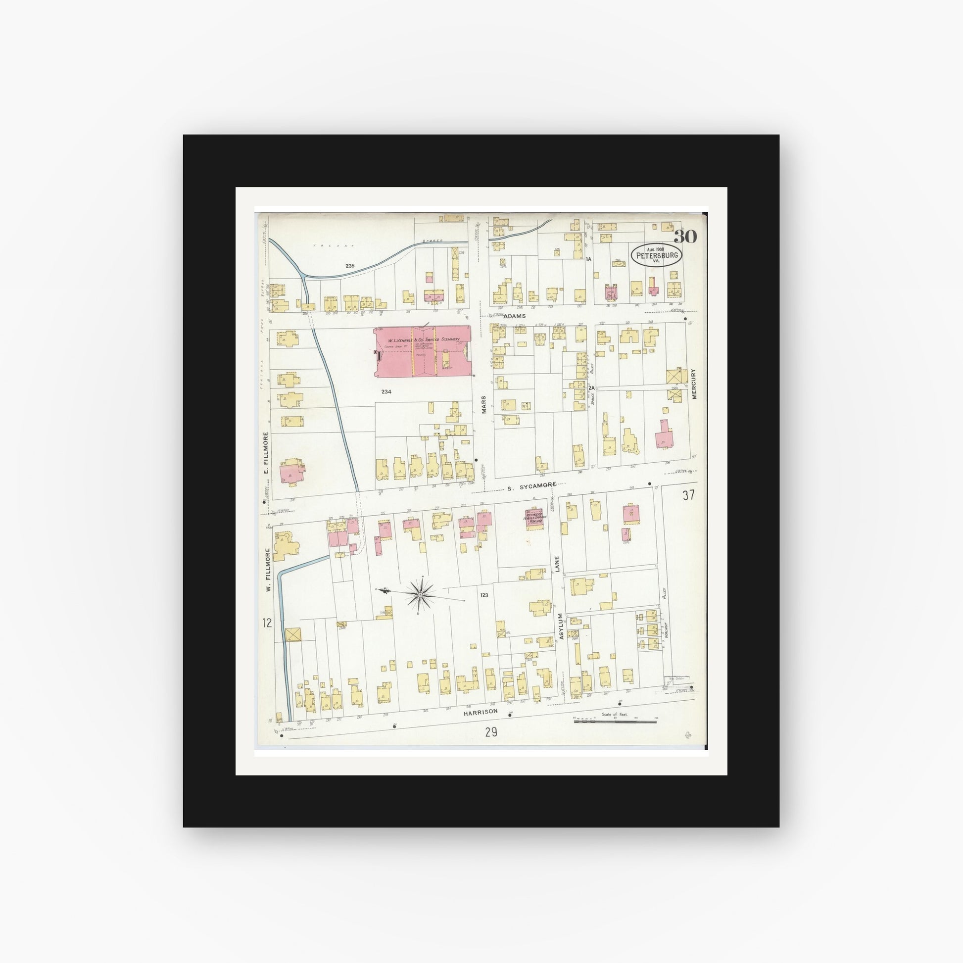 Old map wall art mockup — black gallery frame with white mat — Sanborn Fire Insurance Map from Petersburg, Independent Cities, Virginia (1908), Sheet #0030
