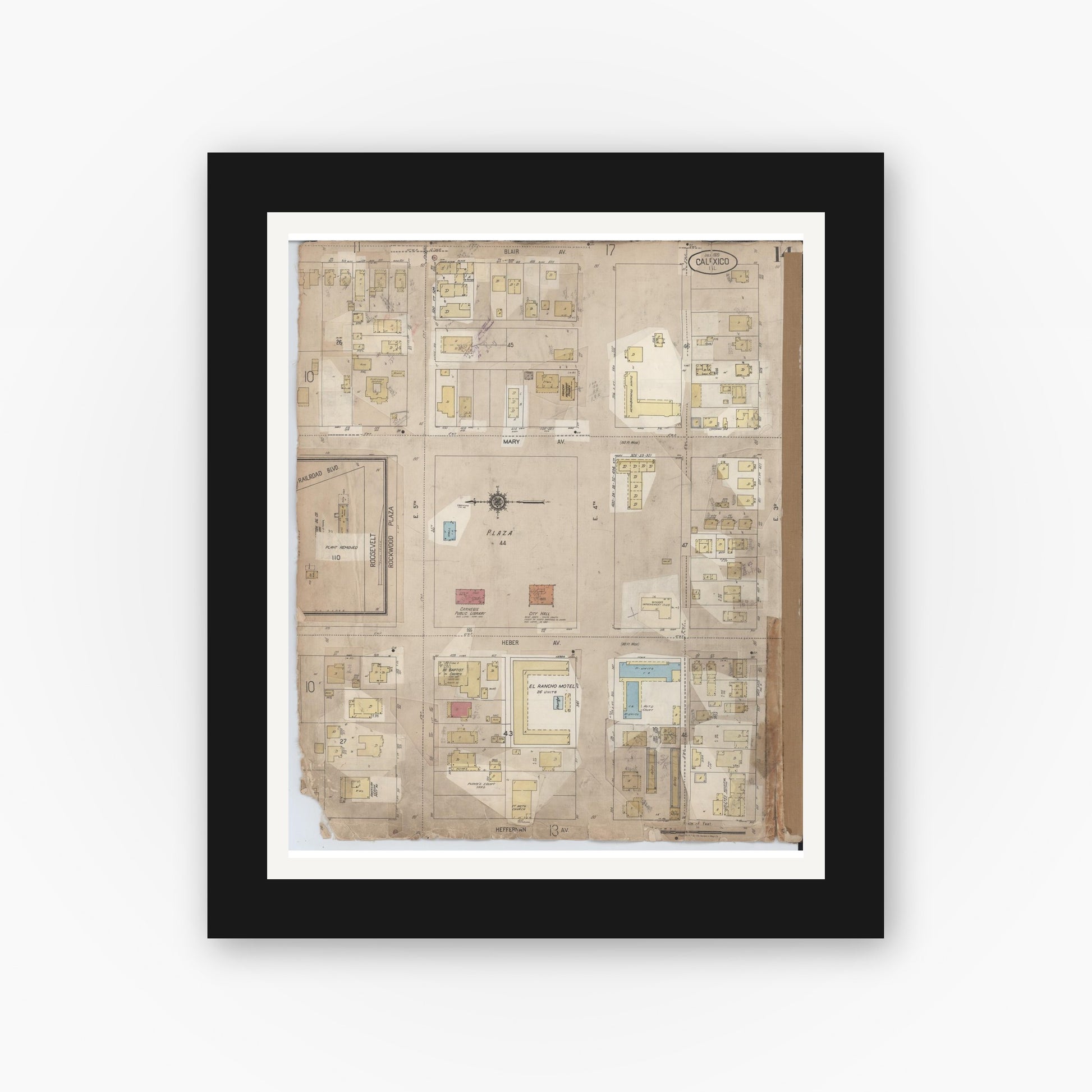 Old map wall art mockup — black gallery frame with white mat — Sanborn Fire Insurance Map from Calexico, Imperial County, California (1956), Sheet #0014