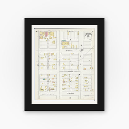 Old map wall art mockup — black gallery frame with white mat — Sanborn Fire Insurance Map from Brainerd, Crow Wing County, Minnesota (1892), Sheet #0009