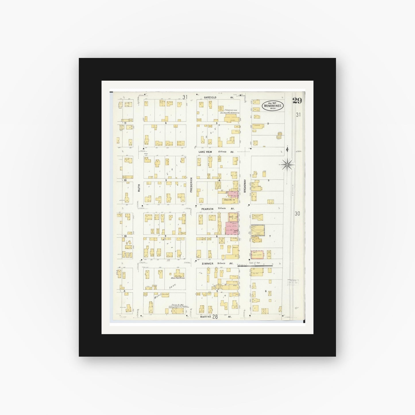 Old map wall art mockup — black gallery frame with white mat — Sanborn Fire Insurance Map from Menominee, Menominee County, Michigan (1907), Sheet #0029