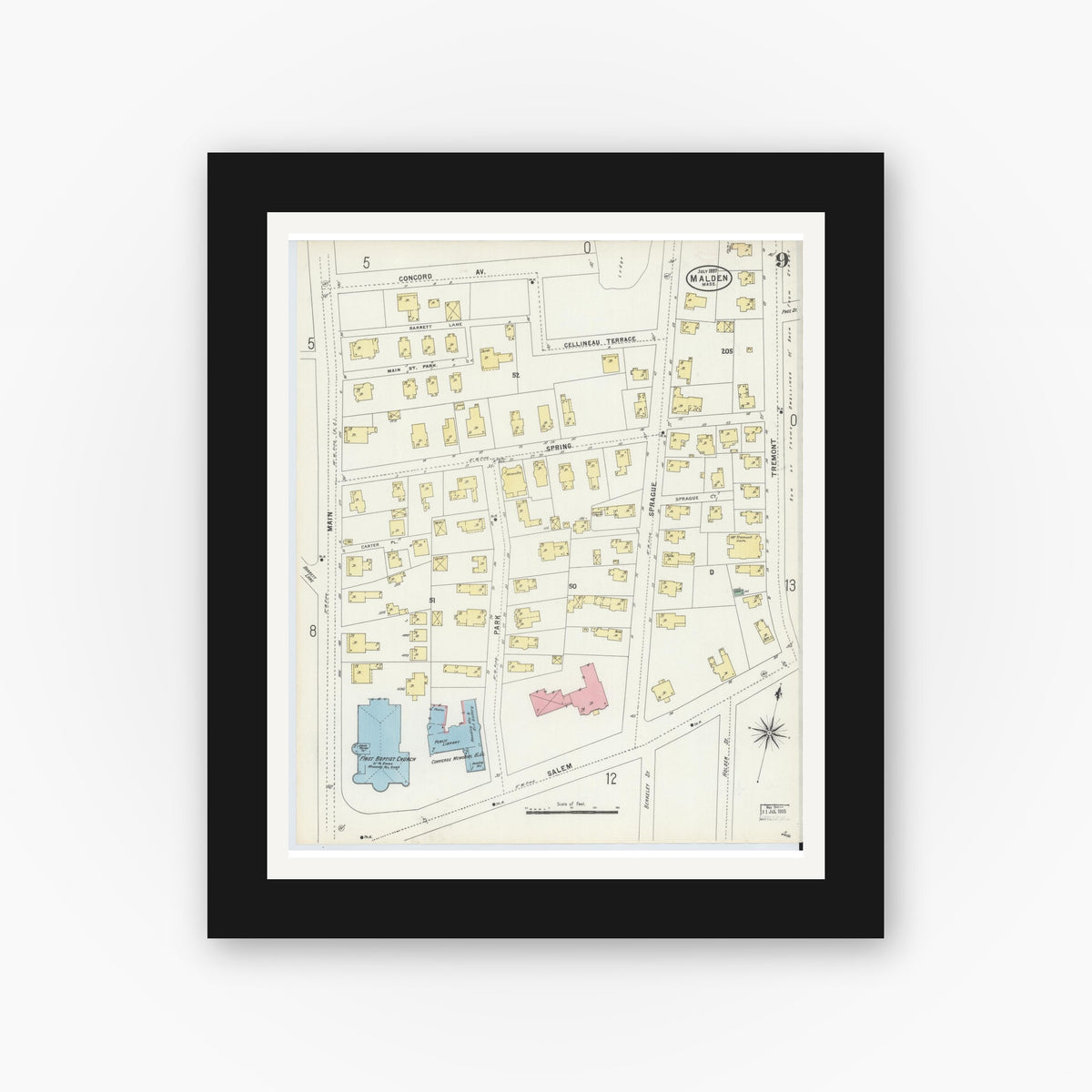 Old map wall art mockup — black gallery frame with white mat — Sanborn Fire Insurance Map from Malden, Middlesex County, Massachusetts (1897), Sheet #0009