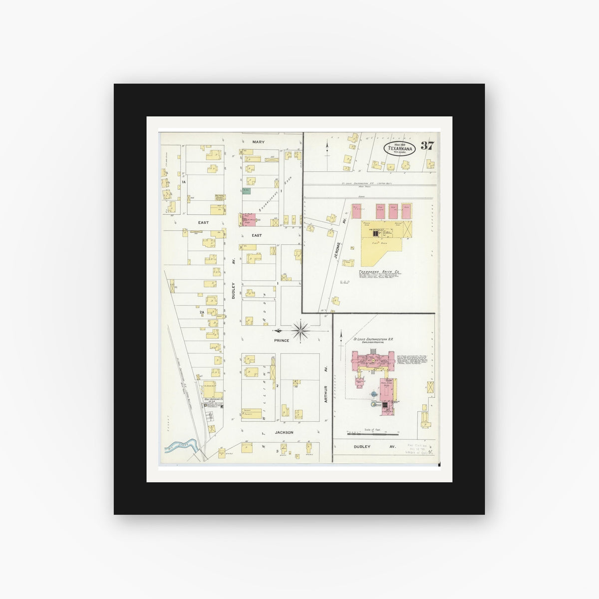 Old map wall art mockup — black gallery frame with white mat — Sanborn Fire Insurance Map from Texarkana, Bowie County, Texas (1909), Sheet #0037