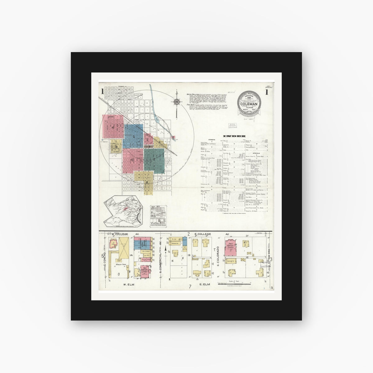 Old map wall art mockup — black gallery frame with white mat — Sanborn Fire Insurance Map from Coleman, Coleman County, Texas (1923), Sheet #0001