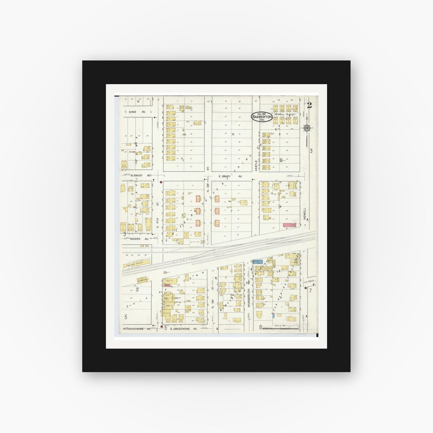 Old map wall art mockup — black gallery frame with white mat — Sanborn Fire Insurance Map from Barberton, Summit County, Ohio (1916), Sheet #0002