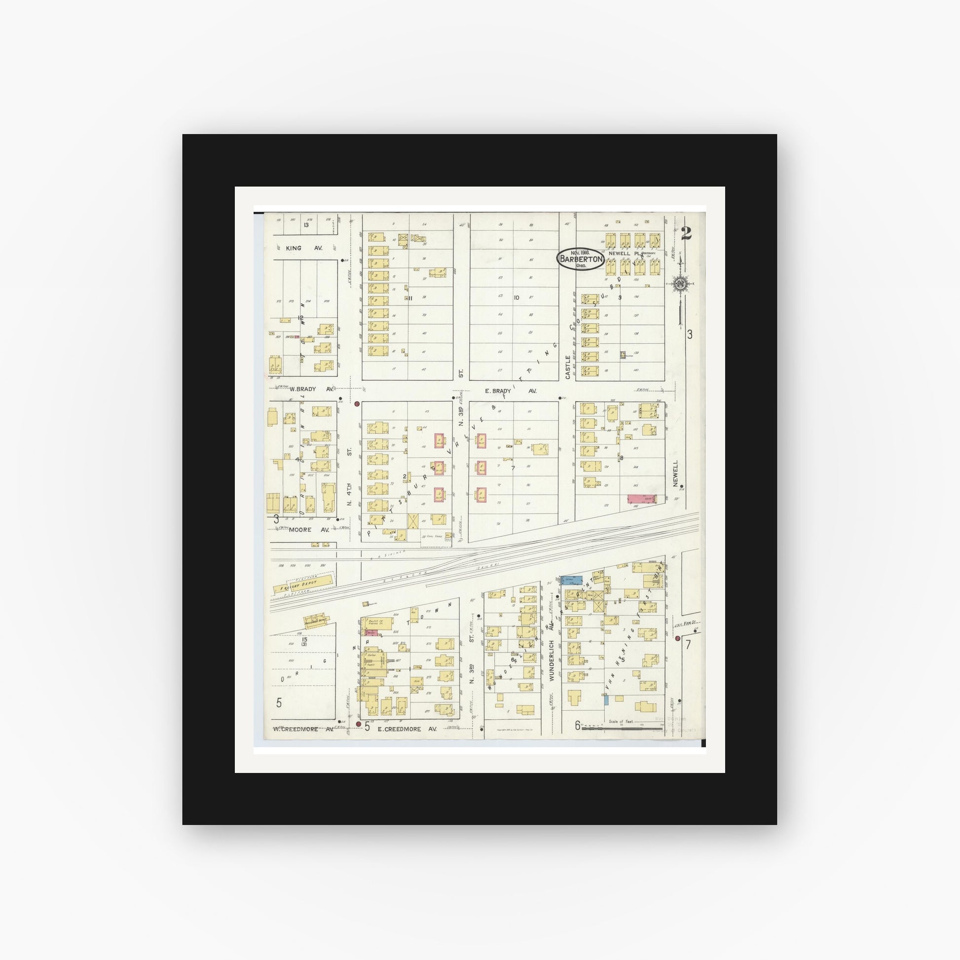 Old map wall art mockup — black gallery frame with white mat — Sanborn Fire Insurance Map from Barberton, Summit County, Ohio (1916), Sheet #0002