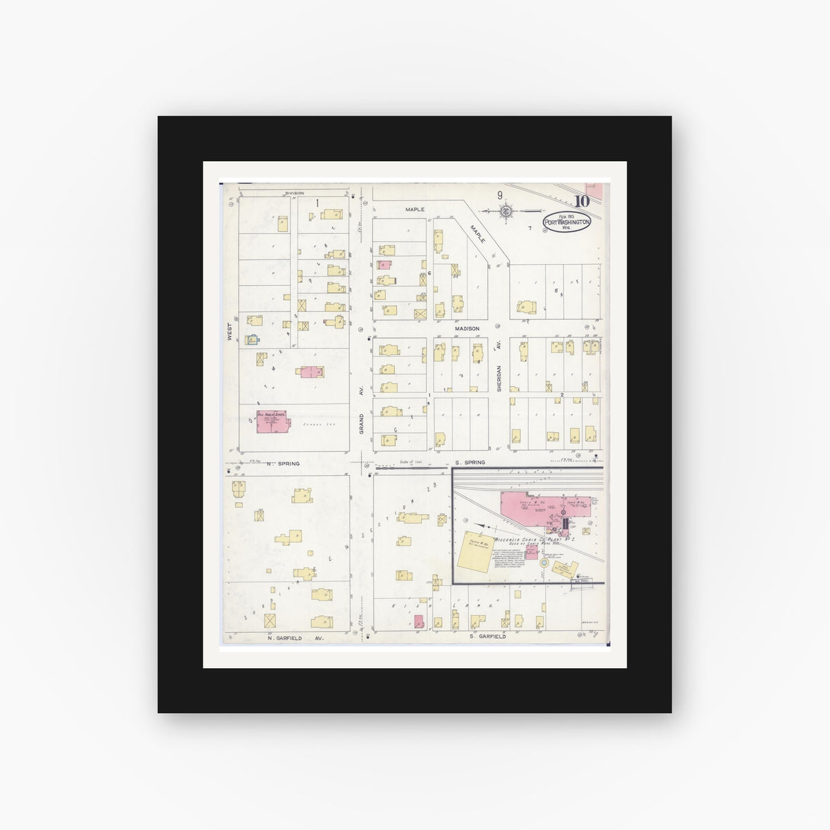Old map wall art mockup — black gallery frame with white mat — Sanborn Fire Insurance Map from Port Washington, Ozaukee County, Wisconsin (1913), Sheet #0010