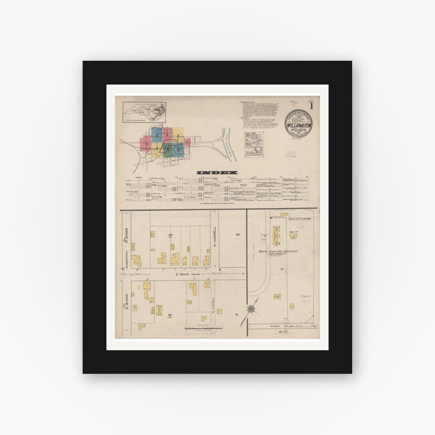 Old map wall art mockup — black gallery frame with white mat — Sanborn Fire Insurance Map from Williamston, Martin County, North Carolina (1921) - Complete Map Set