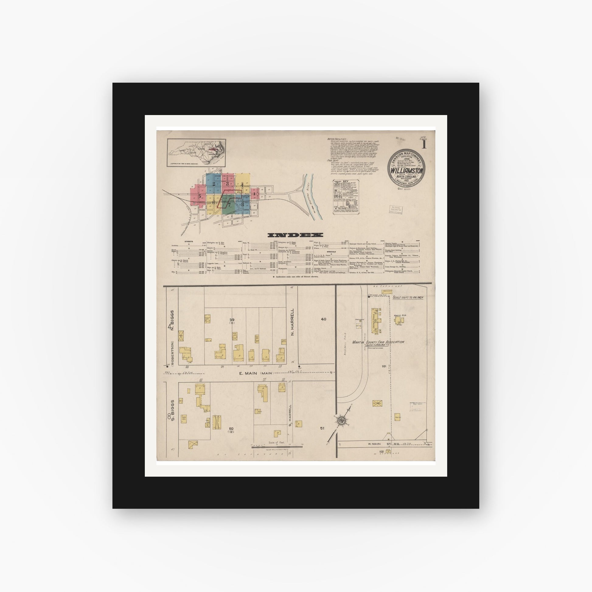 Old map wall art mockup — black gallery frame with white mat — Sanborn Fire Insurance Map from Williamston, Martin County, North Carolina (1921) - Complete Map Set