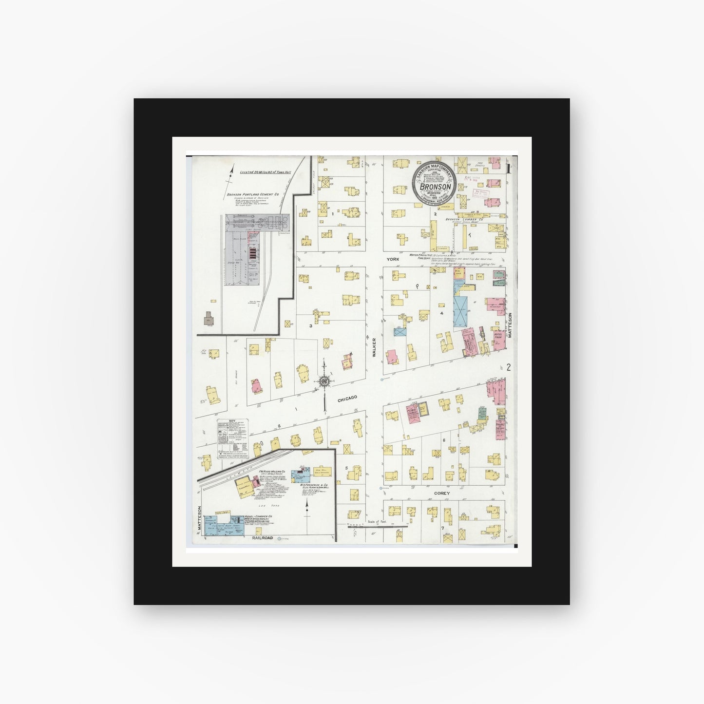 Old map wall art mockup — black gallery frame with white mat — Sanborn Fire Insurance Map from Bronson, Branch County, Michigan (1916) - Complete Map Set