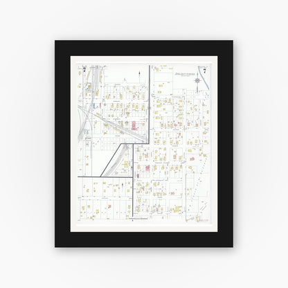 Old map wall art mockup — black gallery frame with white mat — Sanborn Fire Insurance Map from Sullivan, Moultrie County, Illinois (1932), Sheet #0007