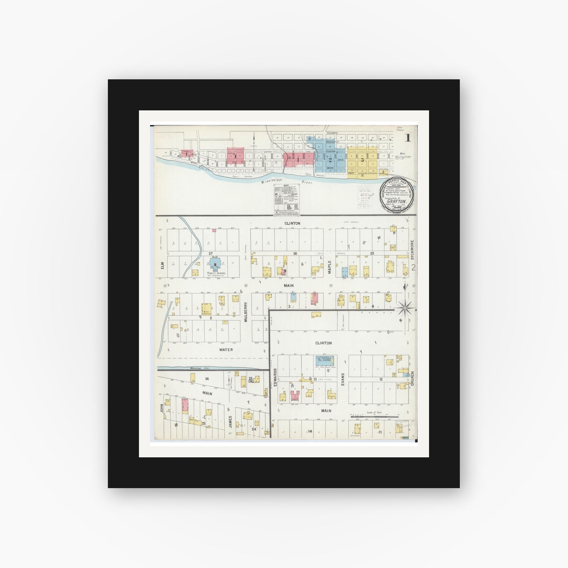 Old map wall art mockup — black gallery frame with white mat — Sanborn Fire Insurance Map from Grafton, Jersey County, Illinois (1900) - Complete Map Set