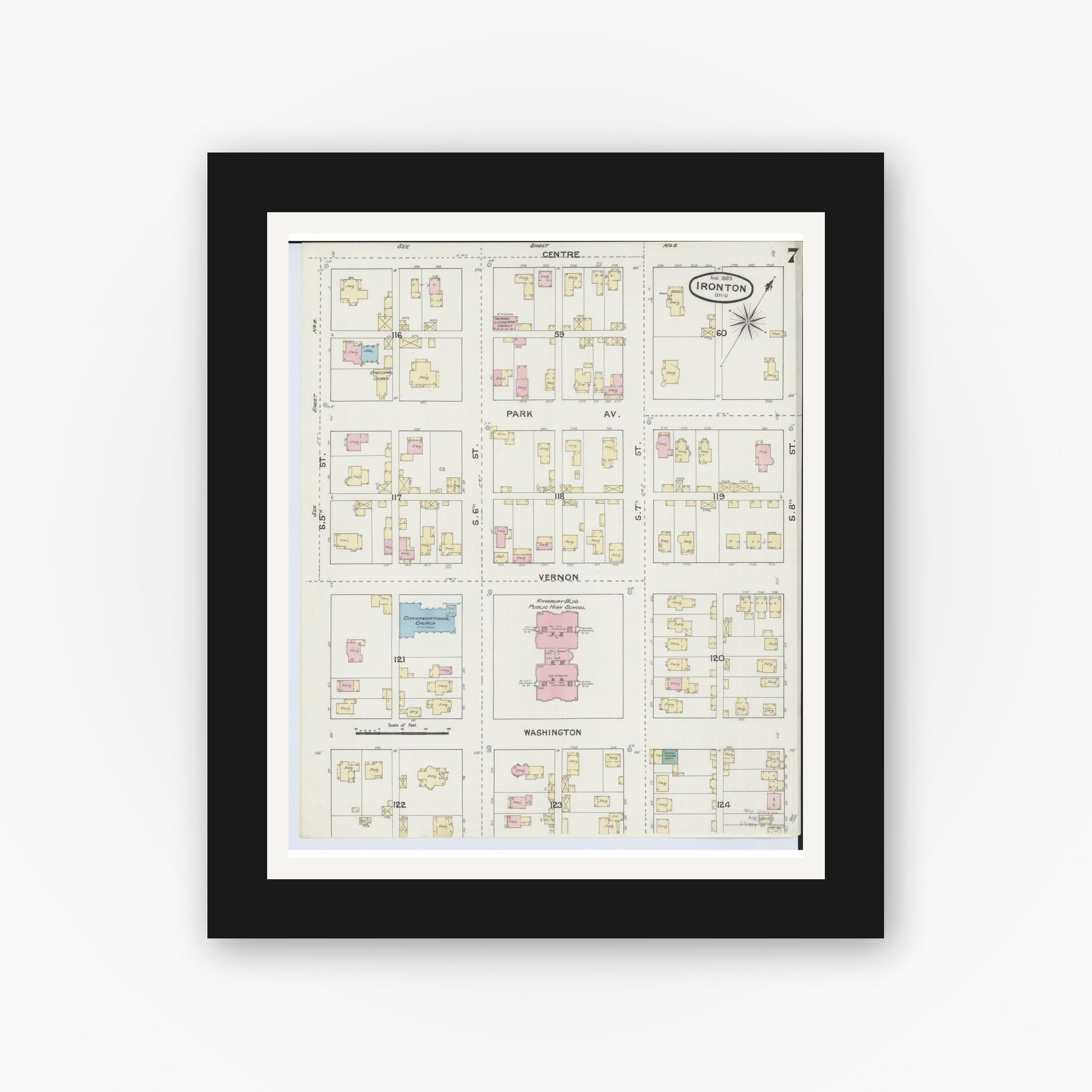 Old map wall art mockup — black gallery frame with white mat — Sanborn Fire Insurance Map from Ironton, Lawrence County, Ohio (1889), Sheet #0007