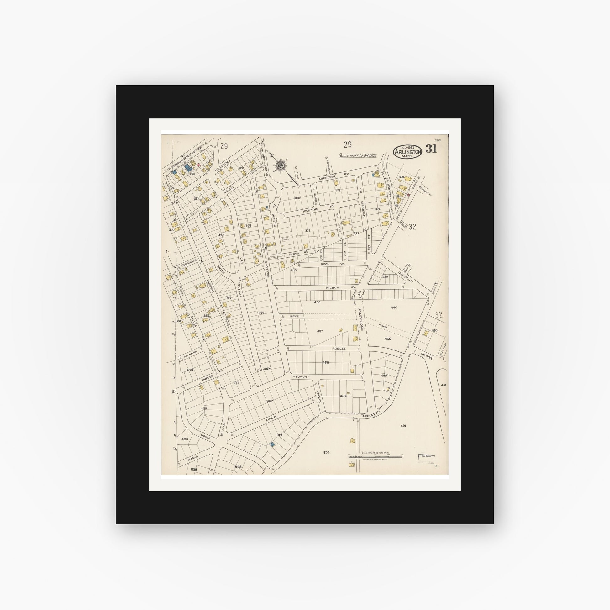 Old map wall art mockup — black gallery frame with white mat — Sanborn Fire Insurance Map from Arlington, Middlesex County, Massachusetts (1922), Sheet #0031